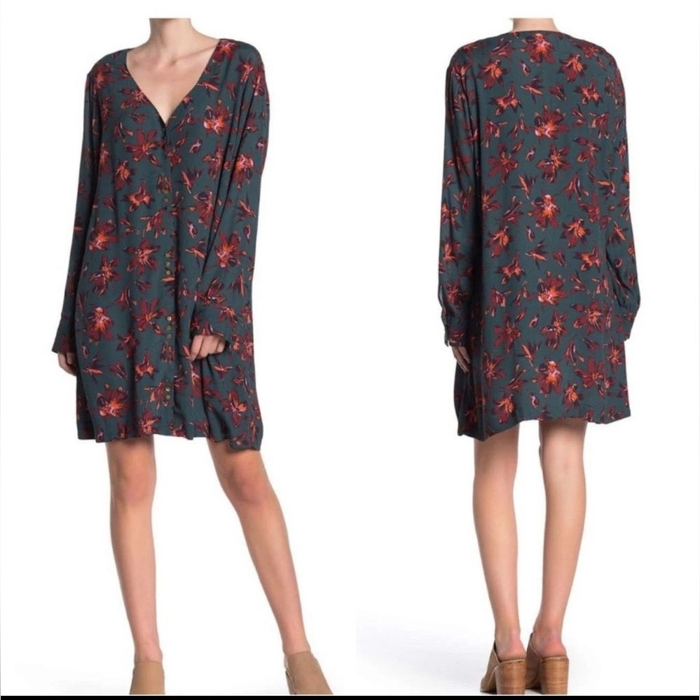 Madewell Floral Button Front Easy Dress Green Floral Long Sleeve | Sz L